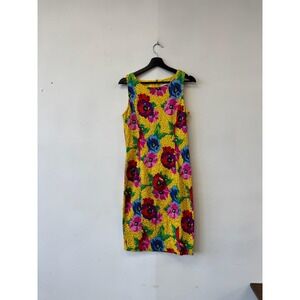 Vintage Adrienne Vittadini Dress Womens 4 Yellow Floral Beaded Sheath 80s 90s
